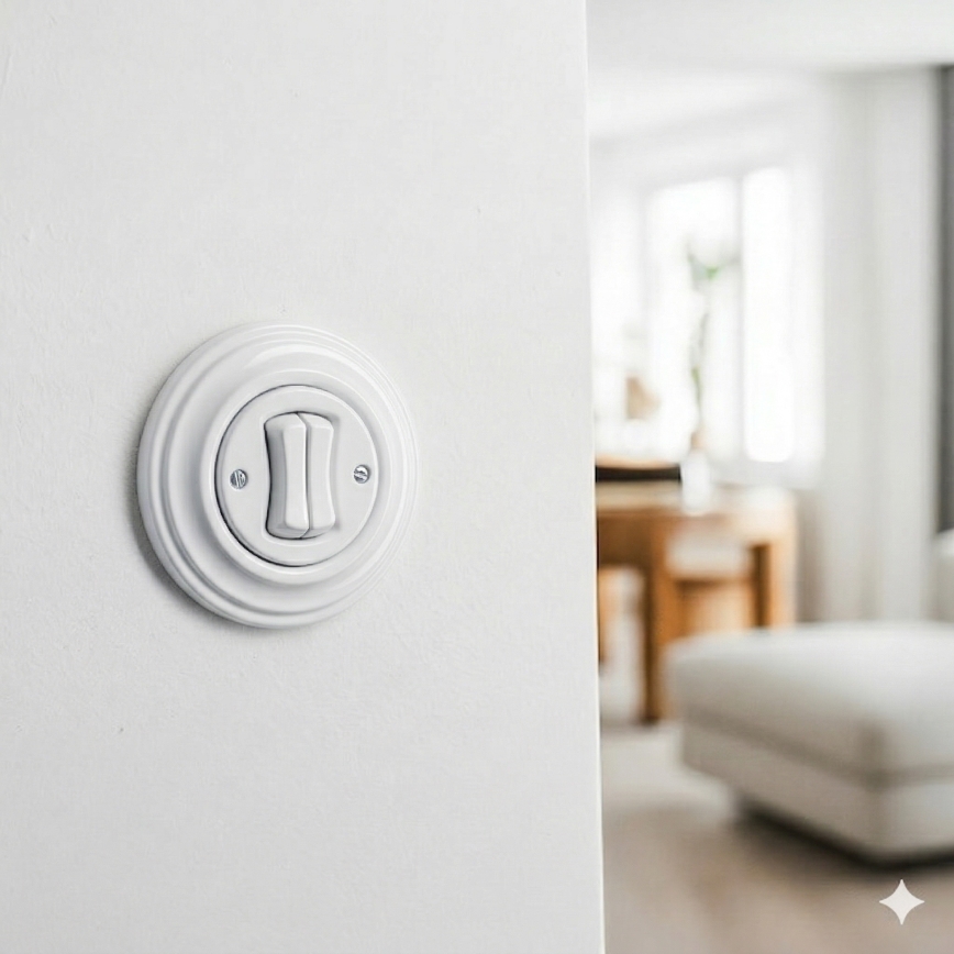 Kliklap - Retro serieschakelaar met afdekraam nr. 5, keramisch wit