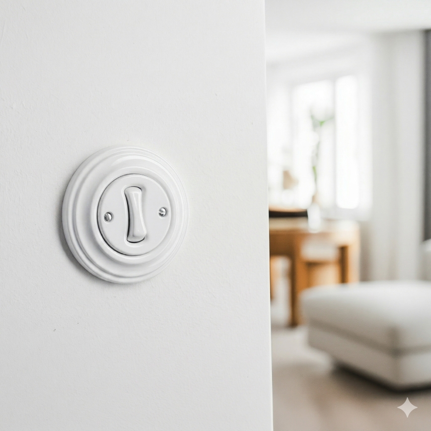 Kliklap - Retro trappenhuisschakelaar met frame nr. 6 in sneeuwwit