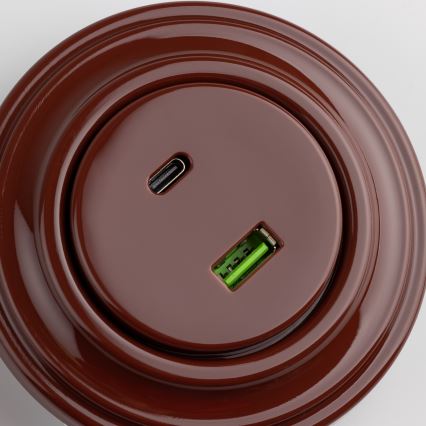 Kliklap - Retro USB-wandcontactdoos A+C met afdekraam, bruin