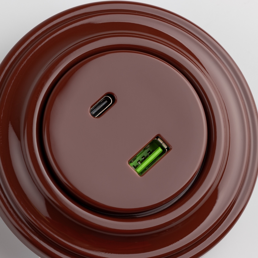 Kliklap - Retro USB-wandcontactdoos A+C met afdekraam, bruin