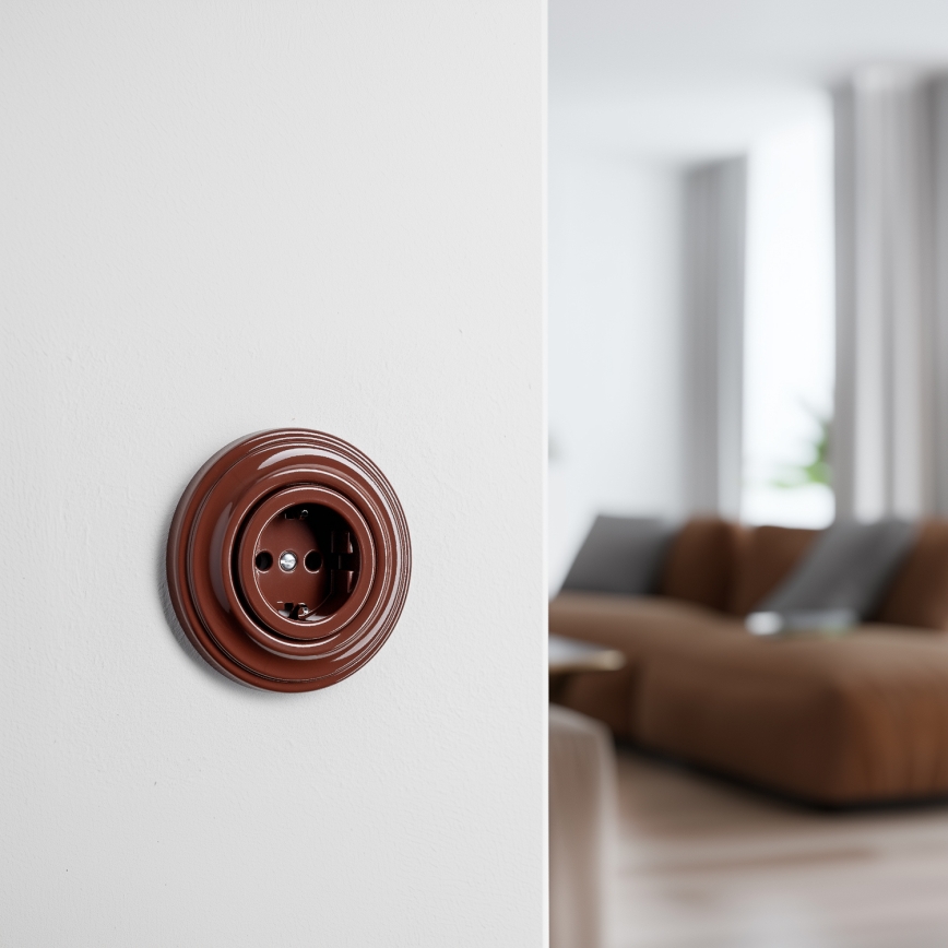Kliklap - Retro wandcontactdoos met afdekraam, SCHUKO 230V/16A, bruin