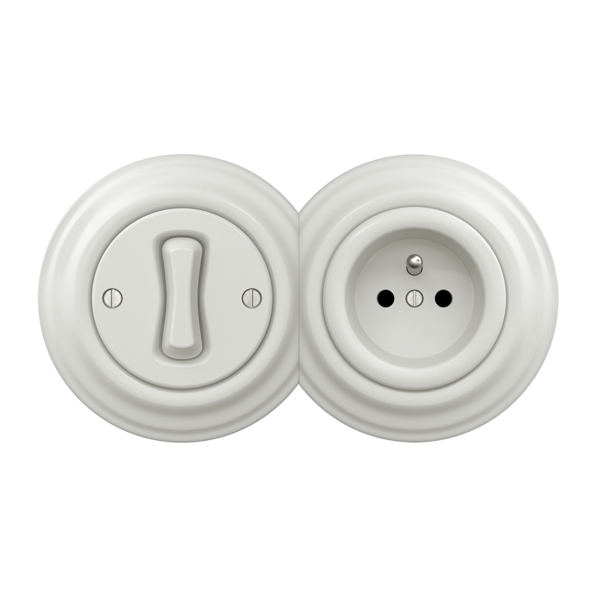 Kliklap - Retro — interrupteur unipolaire n°1 et prise 230V avec cadre, finition blanche