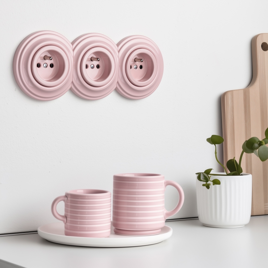 Kliklap - Triple prise murale rétro avec cadre 230V rose vintage