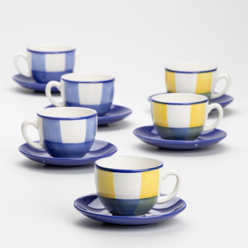 Koffie set 6x keramische beker Tereza met een schotel wit blauw geel