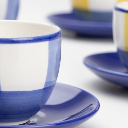 Koffie set 6x keramische beker Tereza met een schotel wit blauw geel
