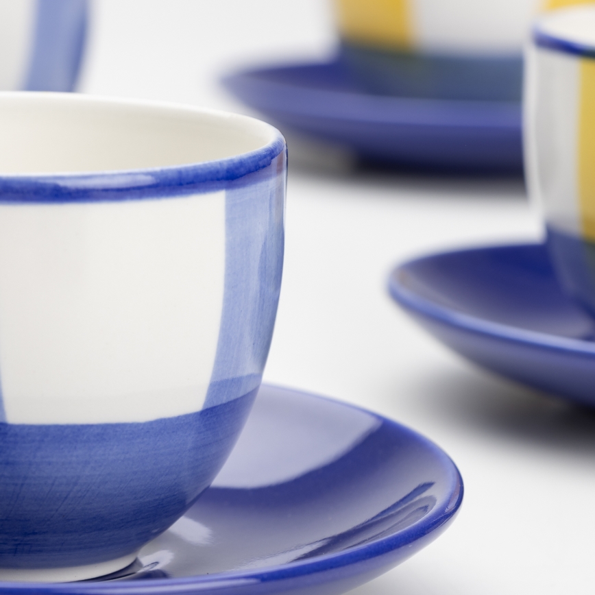 Koffie set 6x keramische beker Tereza met een schotel wit blauw geel
