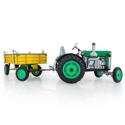 KOVAP tractor met aanhangwagen en opwindsleutel, groen/geel