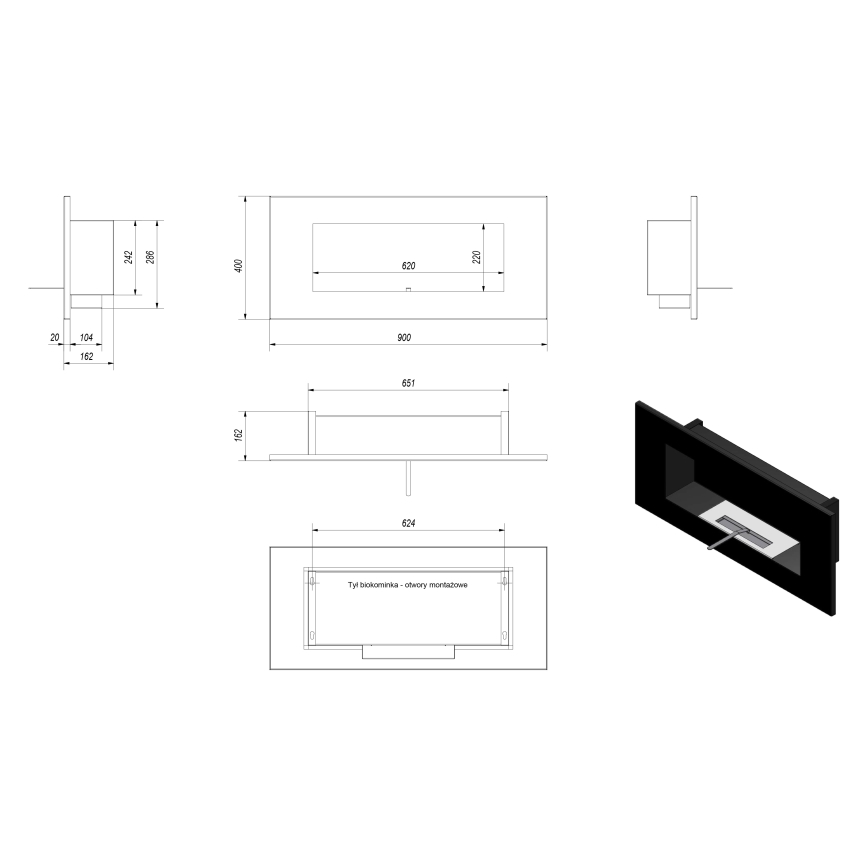 Kratki - Inbouw BIO-open haard 40x90 cm 2kW zwart