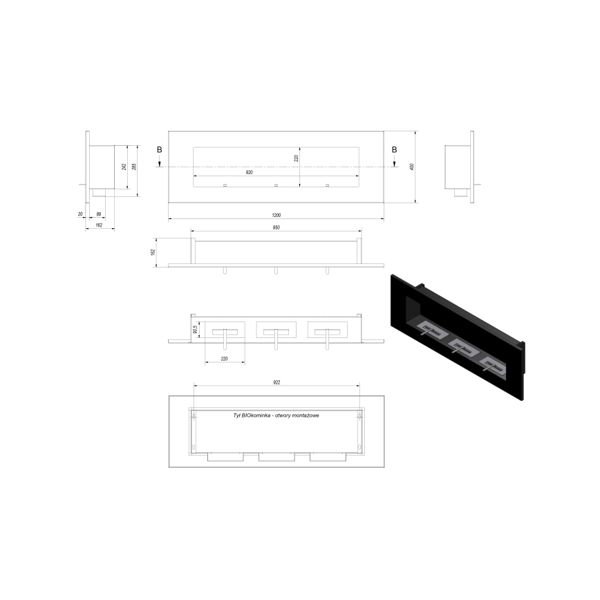 Kratki - Cheminée encastrée BIO 40x120 cm 3x1,1kW noir