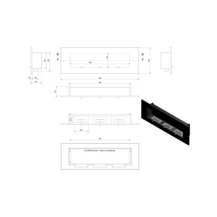 Kratki - Inbouw BIO-open haard 40x120 cm 3x1,1kW zwart