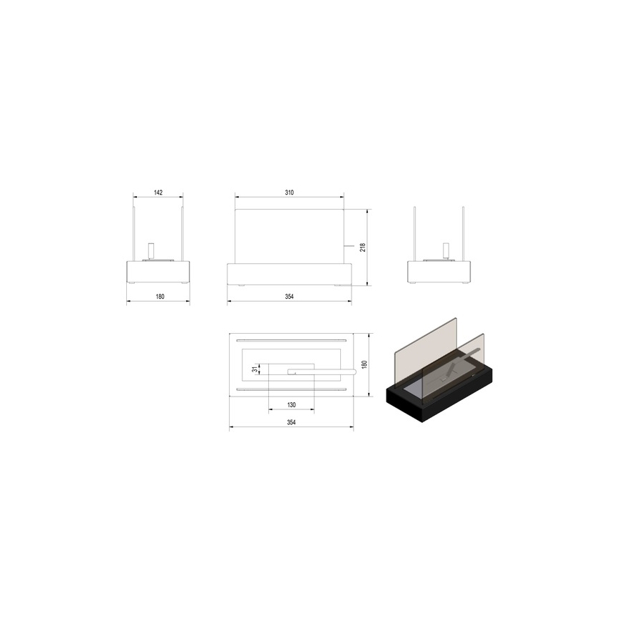 Kratki - BIO-open haard 21,8x35,4 cm 1kW zwart