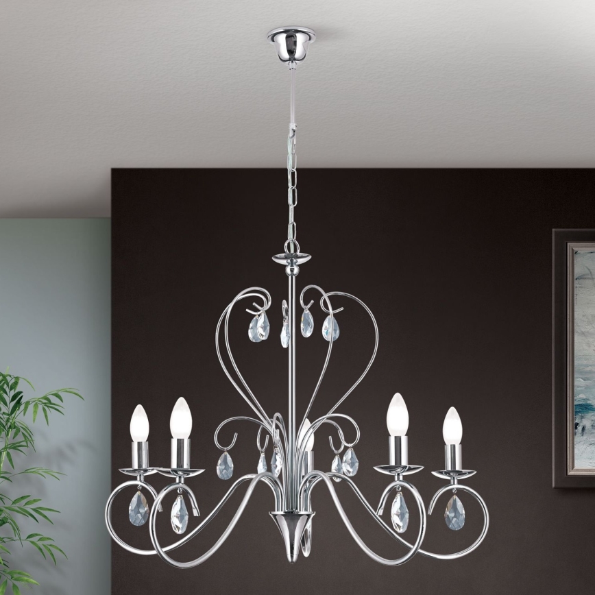 Kristallen hanglamp aan een ketting ALESSIA 5xE14/40W/230V glanzend chroom
