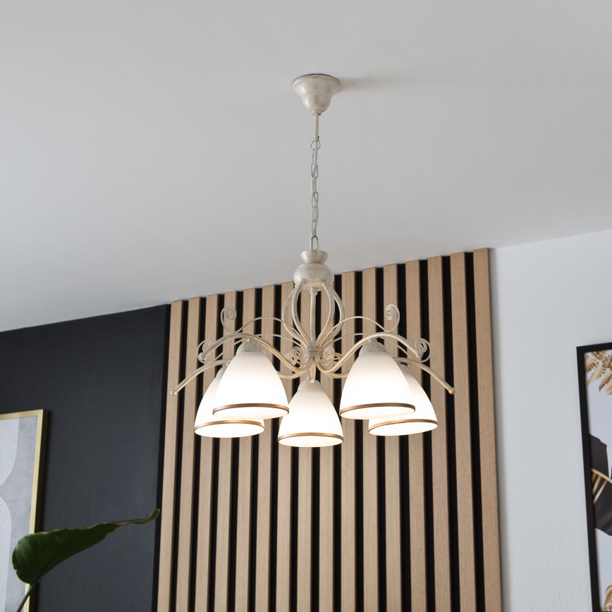 Kroonluchter aan ketting RETRO II 5xE27/60W/230V, witte patina