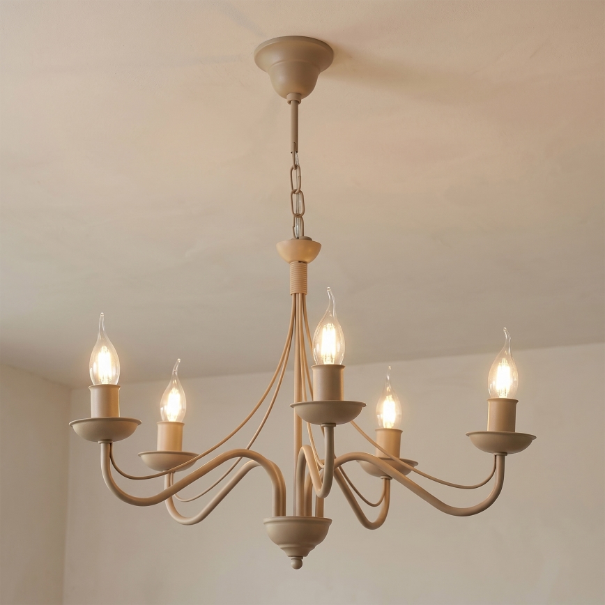 Kroonluchter met ketting ANTON 5xE14/60W/230V beige