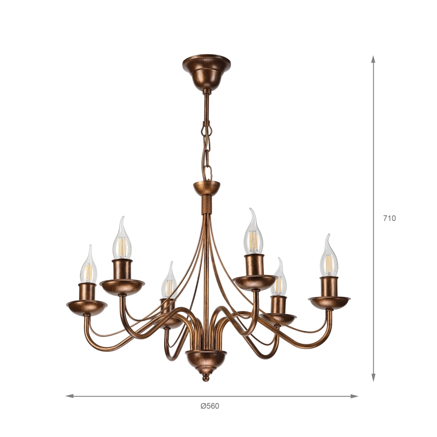 Kroonluchter met ketting ANTON 6xE14/60W/230V bronskleurig