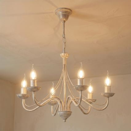 Kroonluchter met ketting ANTON 6xE14/60W/230V witte patina