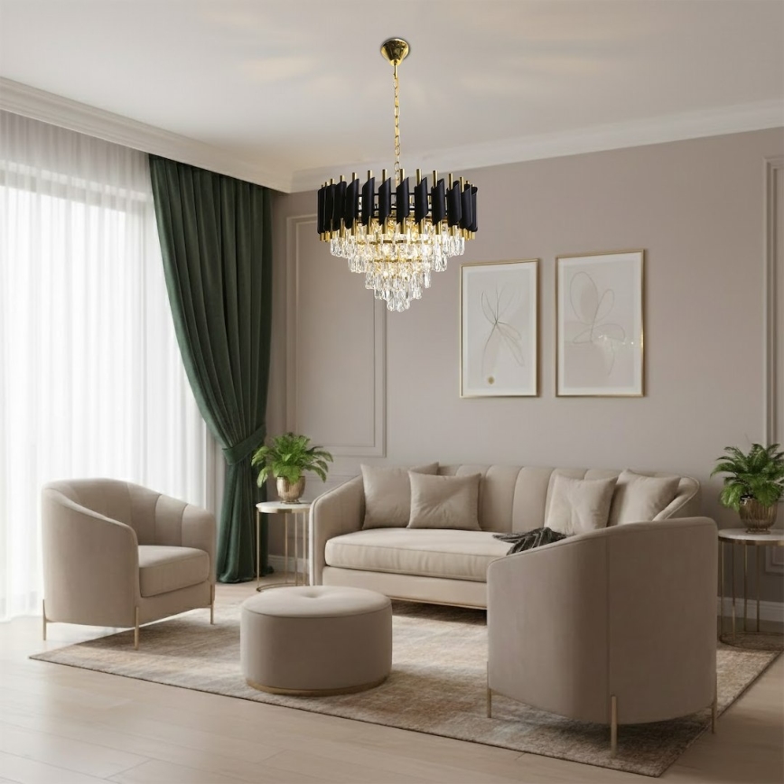 Kroonluchter met ketting CRISTAL 7xE14/10W/230V Ø 48 cm zwart/goud