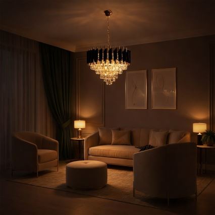 Kroonluchter met ketting CRISTAL 7xE14/10W/230V Ø 48 cm zwart/goud