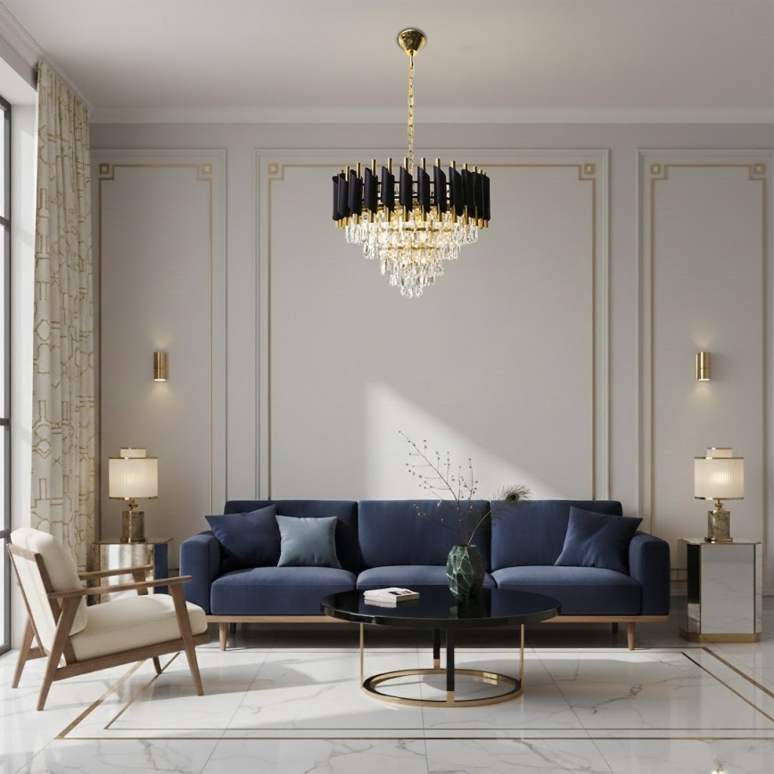 Kroonluchter met ketting CRISTAL 7xE14/10W/230V Ø 48 cm zwart/goud