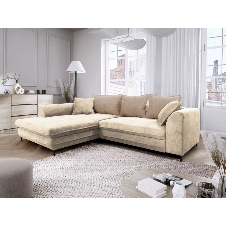 L-vormige gestoffeerde opvouwbare hoekbank LAGOA links beige/bruin