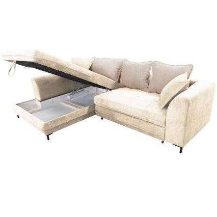 L-vormige gestoffeerde opvouwbare hoekbank LAGOA links beige/bruin