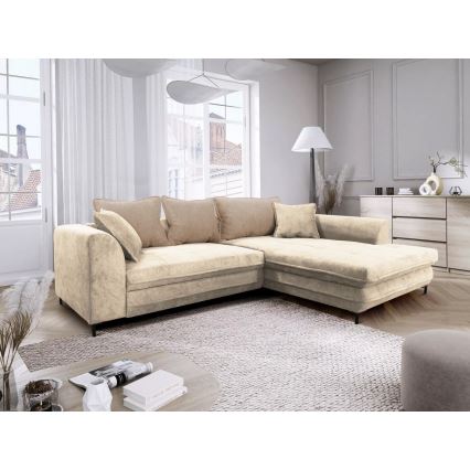 L-vormige gestoffeerde opvouwbare hoekbank LAGOA rechts beige/bruin