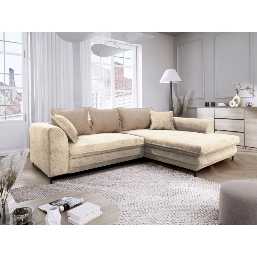 L-vormige gestoffeerde opvouwbare hoekbank LAGOA rechts beige/bruin