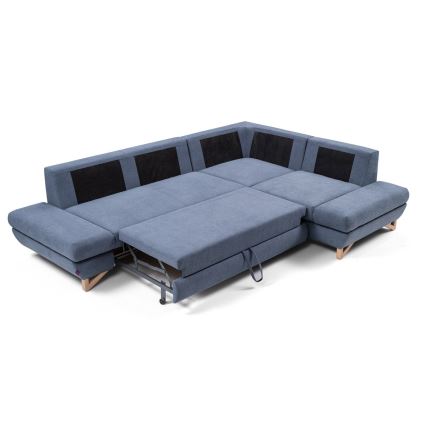 L-vormige gestoffeerde opvouwbare hoekbank met opbergruimte AVESTA rechts blauw