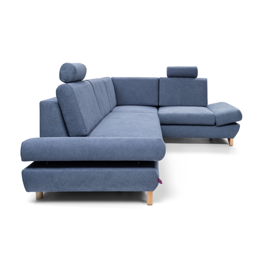 L-vormige gestoffeerde opvouwbare hoekbank met opbergruimte AVESTA rechts blauw