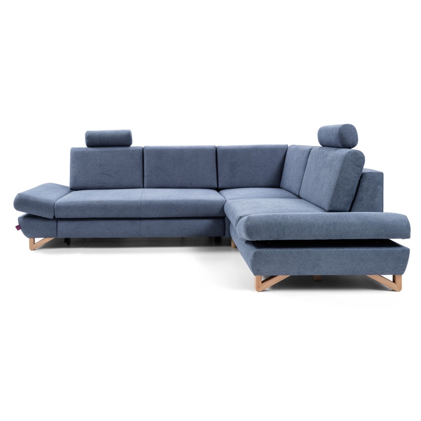 L-vormige gestoffeerde opvouwbare hoekbank met opbergruimte AVESTA rechts blauw
