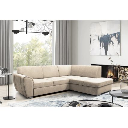 L-vormige gestoffeerde opvouwbare hoekbank SERPA rechts beige