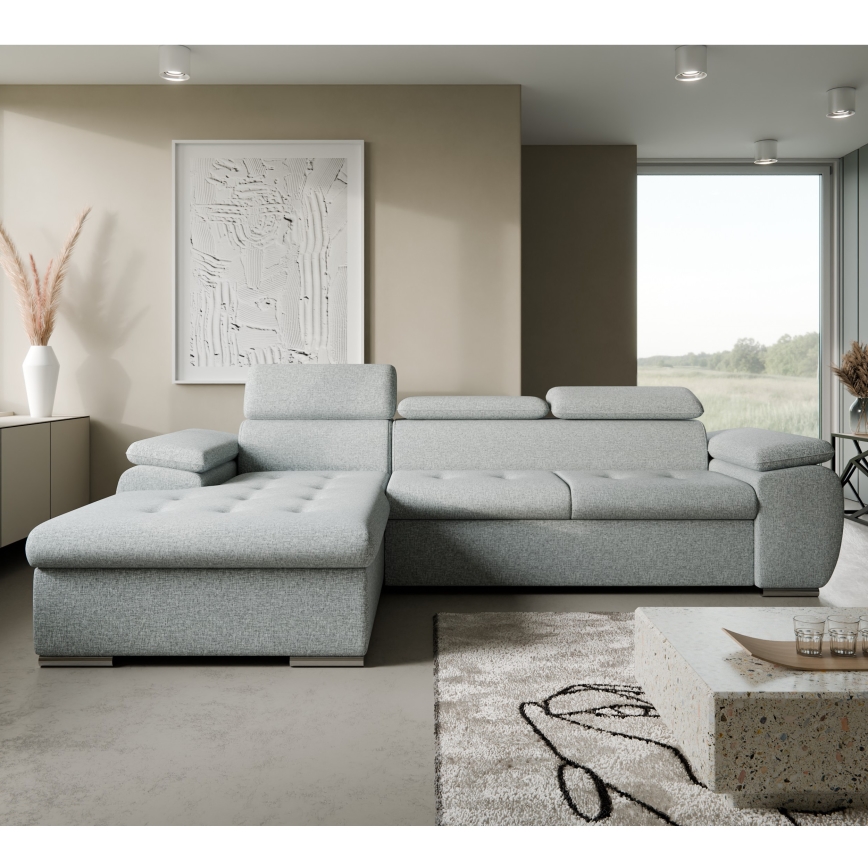 L-vormige hoekbank PADUA met slaapfunctie en opbergruimte, grijs, links
