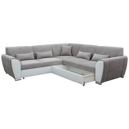 L-vormige hoekbank VISEU met slaapfunctie en opbergruimte, chaise longue rechts, grijs/wit