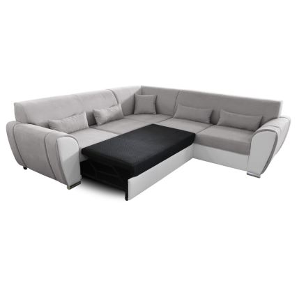 L-vormige hoekbank VISEU met slaapfunctie en opbergruimte, chaise longue rechts, grijs/wit