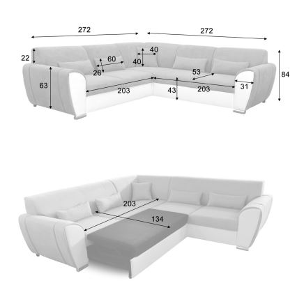 L-vormige hoekbank VISEU met slaapfunctie en opbergruimte, chaise longue rechts, grijs/wit