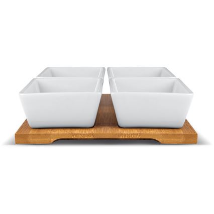 Lamart - Lot de 4x bol en porcelaine 19x19 cm + plateau en bois