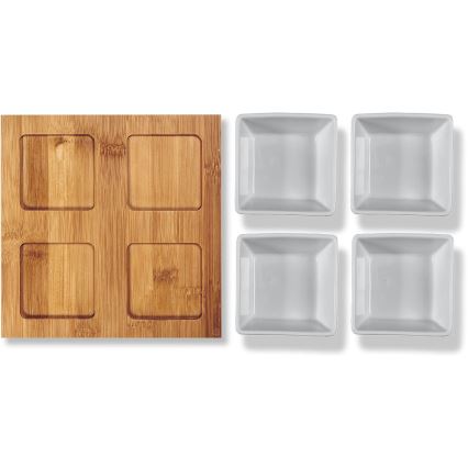 Lamart - Lot de 4x bol en porcelaine 19x19 cm + plateau en bois