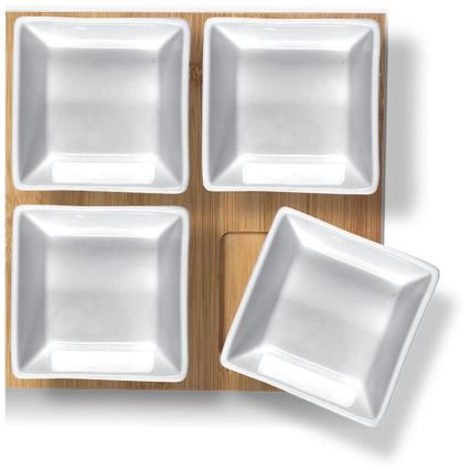 Lamart - Lot de 4x bol en porcelaine 19x19 cm + plateau en bois