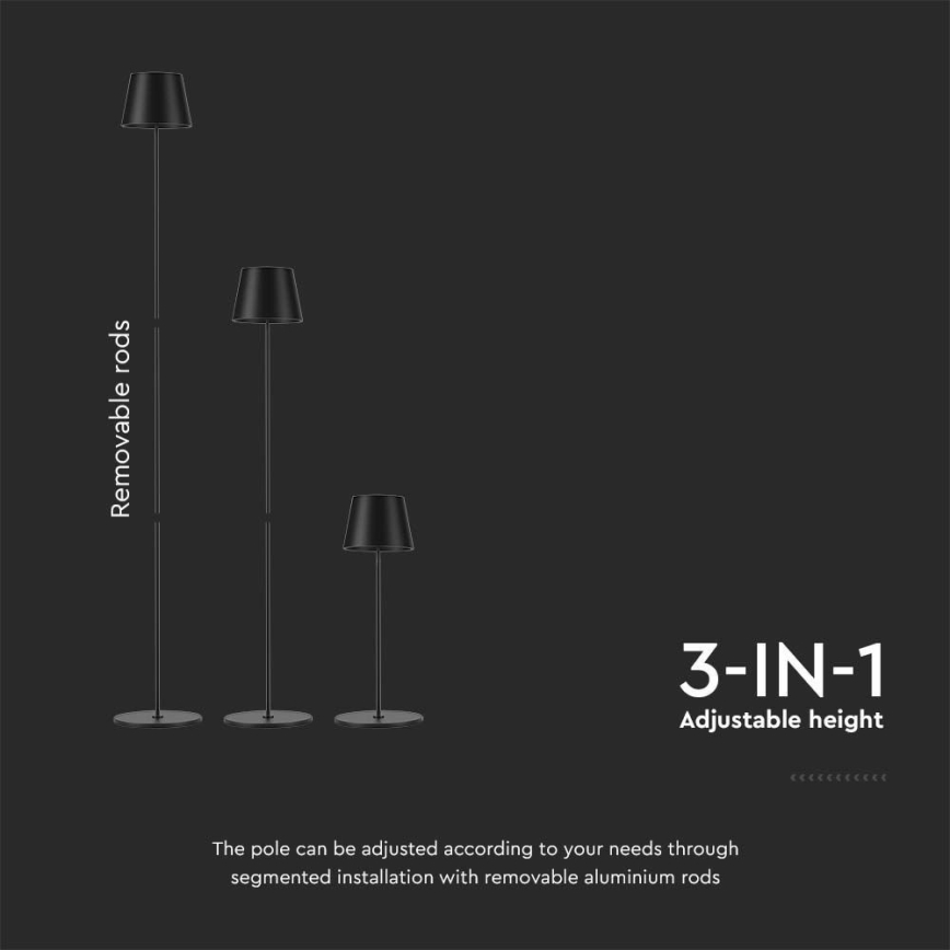 Lampadaire rechargeable à intensité variable 3en1 LED/4W/5V 4400 mAh 3000K IP54 noir