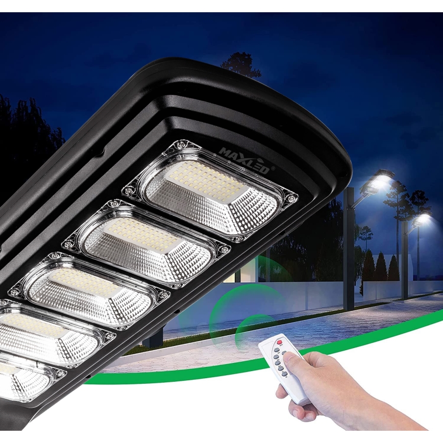 Lampadaire solaire à intensité variable avec détecteur LED/300W/6V 16500 mAh 6500K IP65 noir + Télécommande