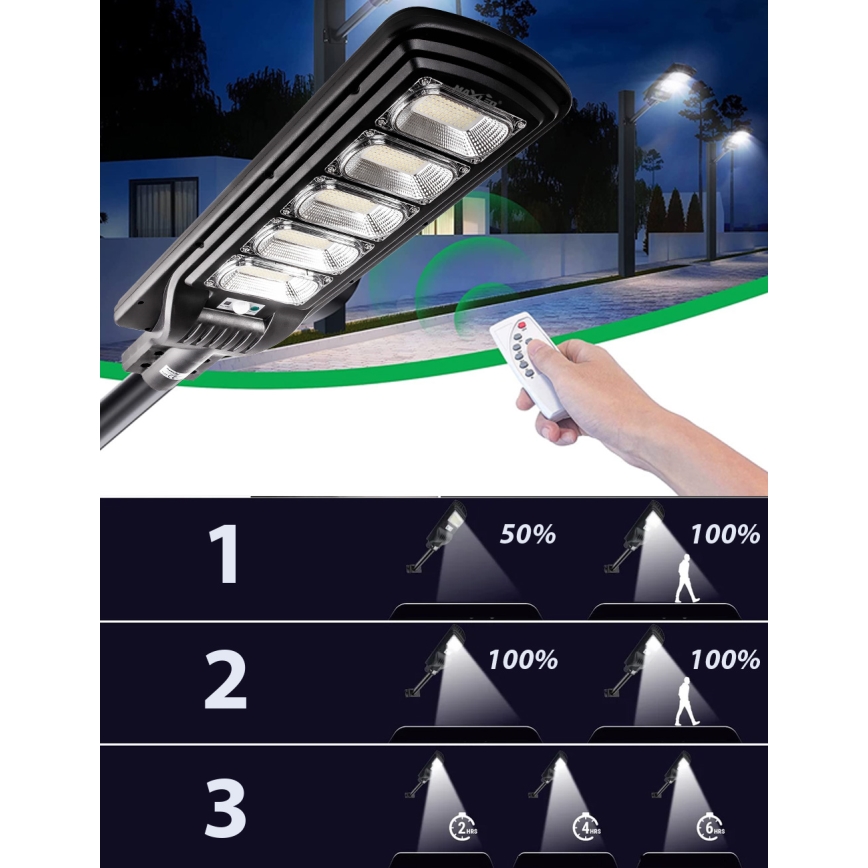 Lampadaire solaire à intensité variable avec détecteur LED/300W/6V 16500 mAh 6500K IP65 noir + Télécommande