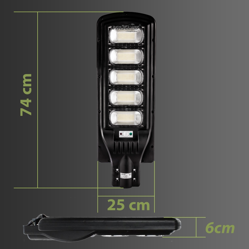 Lampadaire solaire à intensité variable avec détecteur LED/300W/6V 16500 mAh 6500K IP65 noir + Télécommande
