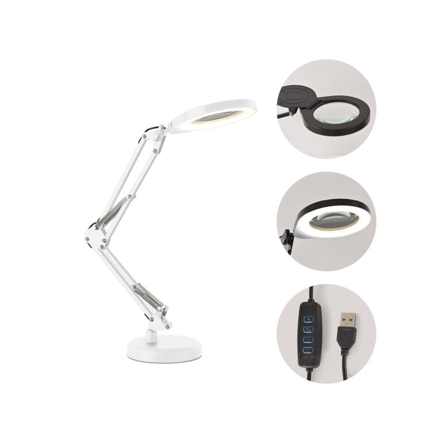 Lampe de bureau LED à intensité variable avec loupe 2-en-1 AURIQ LOUPE LED/10W/5V 3000/4000/6500K blanche