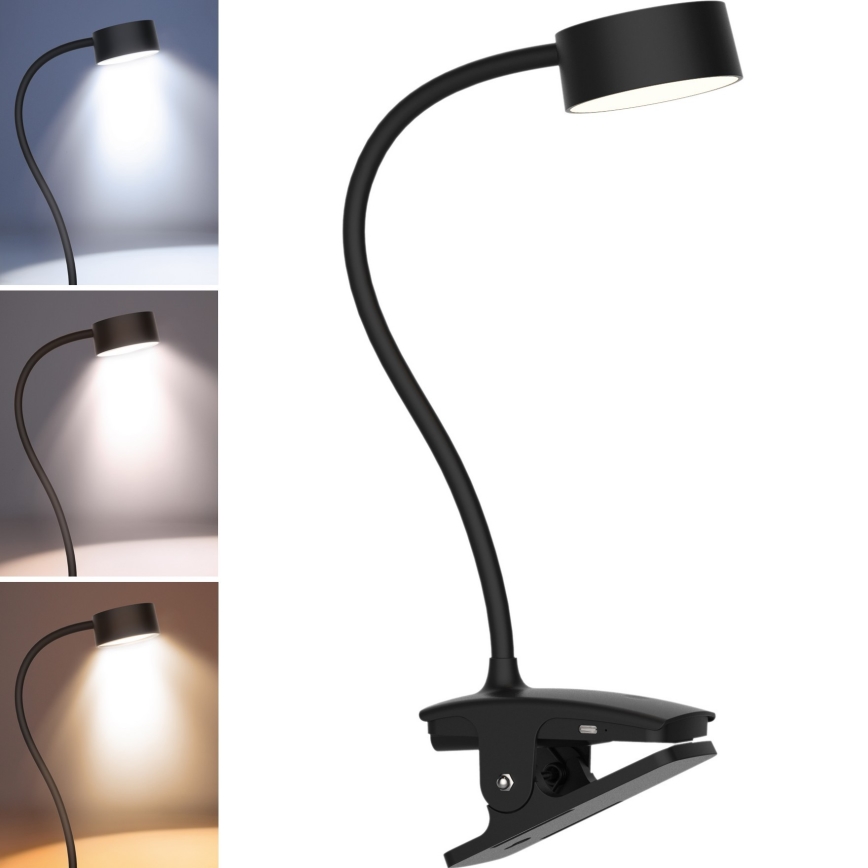 Lampe de table flexible à intensité variable et rechargeable avec pince LED/2W/1800 mAh 3000/4000/6500K noir