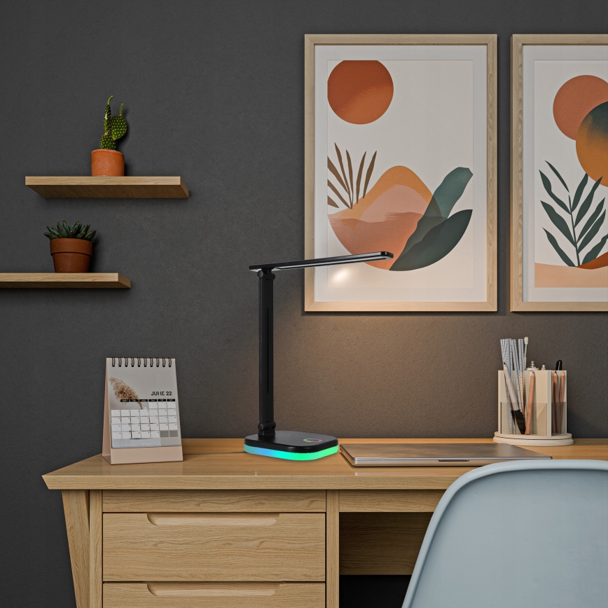 Lampe de table LED RGBW dimmable avec charge sans fil LED/7W/5V USB noire