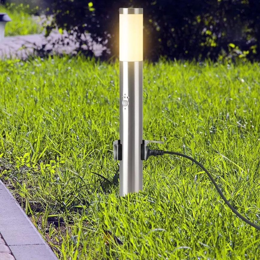 Lampe extérieure avec détecteur + 2 sockets SCHUKO 1xE27/60W/230V IP44 60cm chrome mat