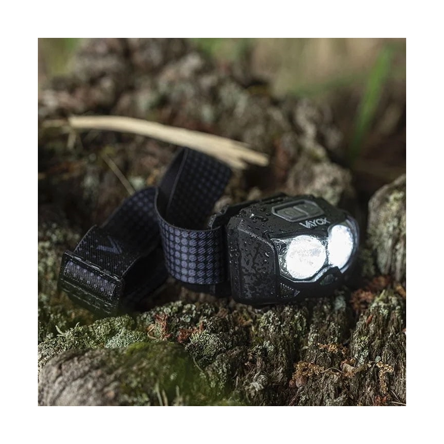 Lampe frontale rechargeable à intensité variable avec détecteur et éclairage rouge 2xLED/5W/5V/3xAAA IP65 500 brillant 1200 mAh