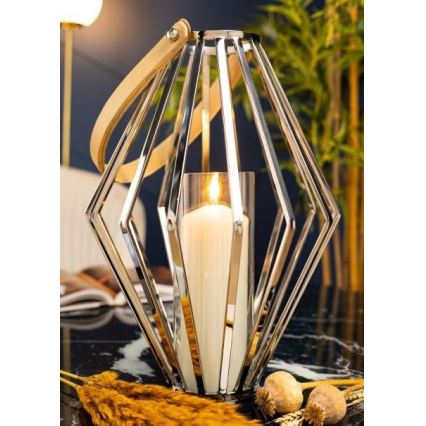 Lanterne GEOM 41 cm chrome brillant/marron