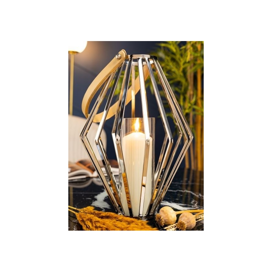 Lanterne GEOM 41 cm chrome brillant/marron