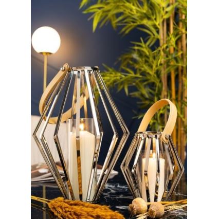 Lanterne GEOM 41 cm chrome brillant/marron